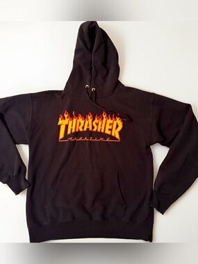 Thrasher Skateboard Magazine Flames Logo Black Hoodie Sweatshirt size S Sherpa